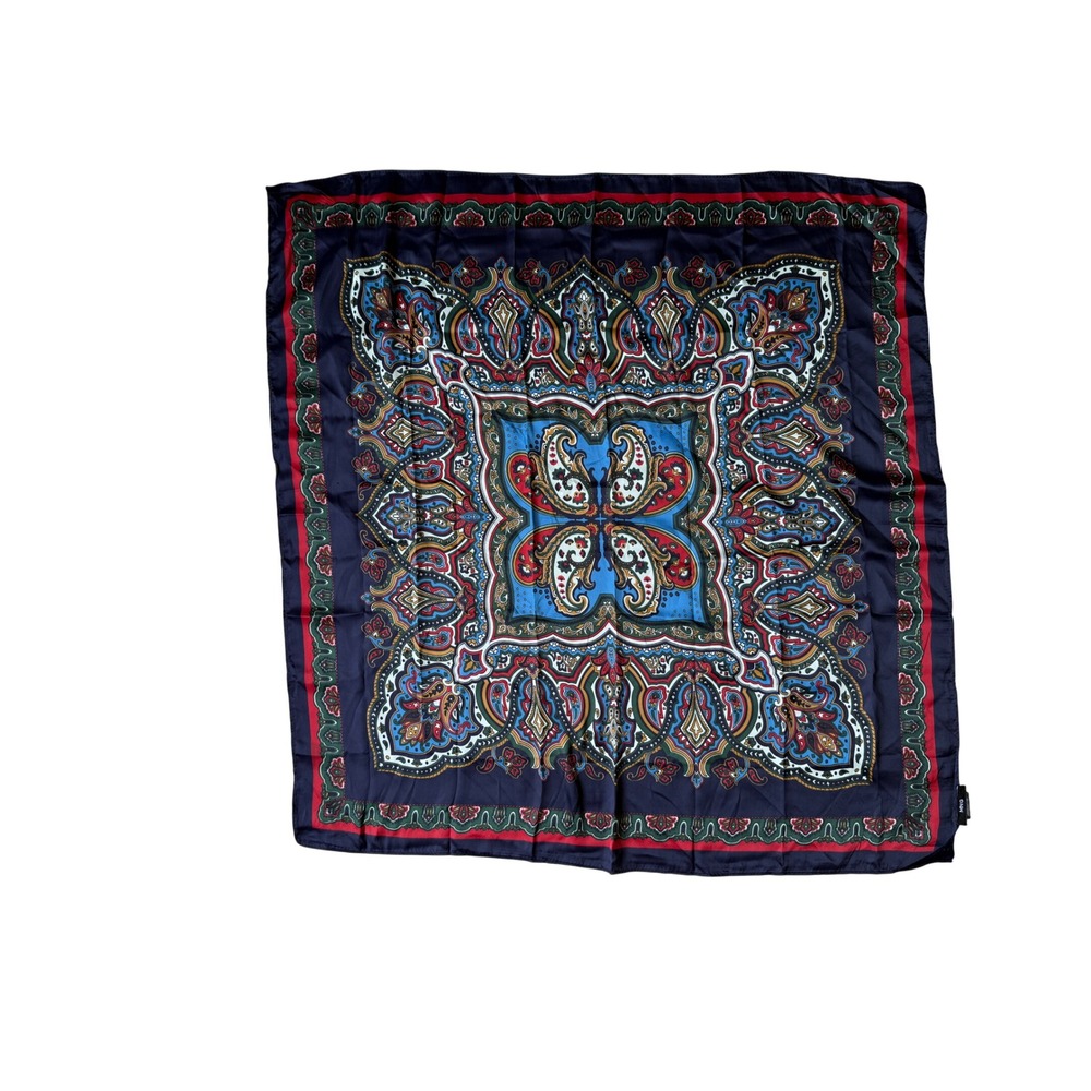 MANGO Square Scarf Women Navy Blue Paisley Print Boho Headscarf 27x27
